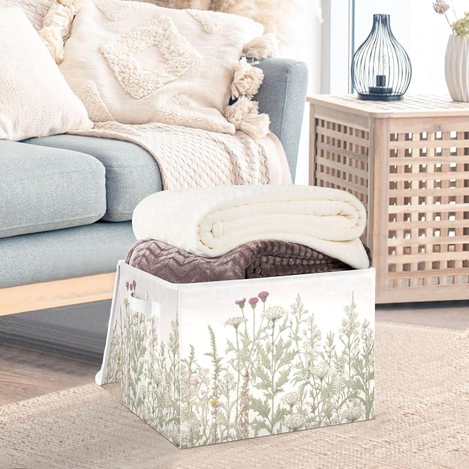 Vintage Colorful Herbs and Wild Flowers Floral Storage Bins with Lids and Carrying Handle,Foldable Storage Boxes Organizer Containers Baskets Cube with Cover for Home Bedroom Closet Office