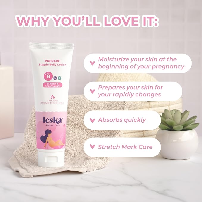 LESKA Maternity Hydrating Lotion | STAGE A: PREPARE Supple Belly Lotion (Pregnancy Months 1-5) | Part of a Complete 3-Stage Pregnancy Skincare System | New Mom Gifts (4oz)
