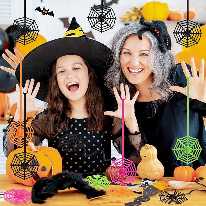 24 PCS Sticky Spider Web for Kids, 7.6 Inches Cobweb Sticky Hand Toys, Halloween Spider Party Favors for Goodie Bag Stuffers, Birthday, Classroom Prizes Supplies (4 Colors)