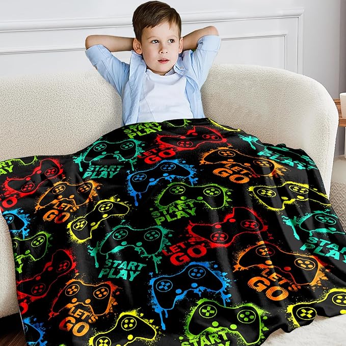 Wajade Game Blanket for Boys and Girls 3D Colorful Video Games Controller Blanket for Kids Teens Soft Warm Fuzzy Game Blanket for Couch Sofa Bed 60x80inch