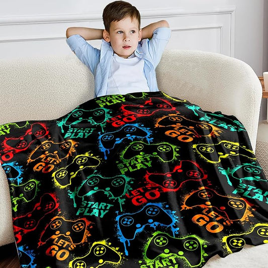 Wajade Game Blanket for Boys and Girls 3D Colorful Video Games Controller Blanket for Kids Teens Soft Warm Fuzzy Game Blanket for Couch Sofa Bed 60x80inch