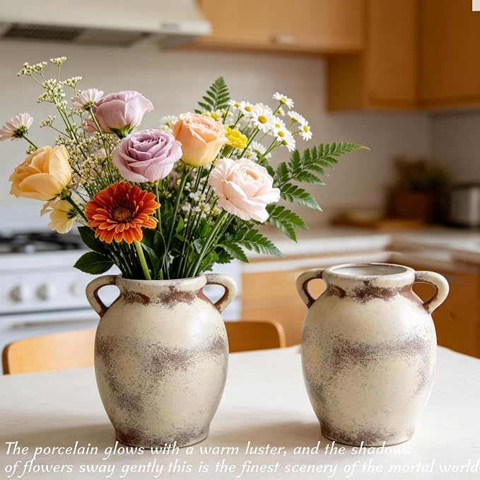 Ceramic Flower Vase, Large White Flower Vase Tall Rustic Farmhouse Decorative Vase Floral Pottery Vases Gifts for Women Birthday Gifts Vases for Home Decor, Living Room, Table, Neutral