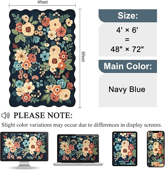 DUKINO 4x6 Area Rug, Non Slip Floral Washable Living Room Rug, Navy Blue | Low Pile, Stain Resistant, Soft Throw Rugs for Bedroom, Office, Dining Room, Nursery, Pet Friendly, Home Decor, Lightweight
