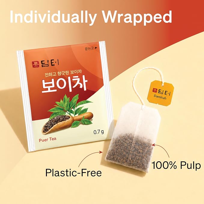 Damtuh Korean Pu-erh Tea – Aged & Smooth Dark Tea, Full-Bodied Earthy Flavor – 50 Tea Bags (0.7g each)
