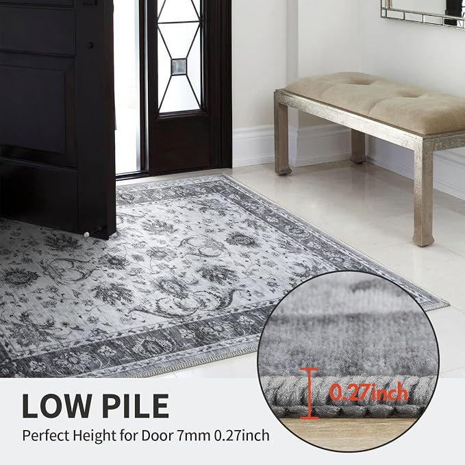 5x7 Ft Machine Washable Area Rugs for Bedroom, Thin Vintage Floral Print Rug Non Slip Carpet for Living Room, Dining Room, Office Home Decor (Grey)