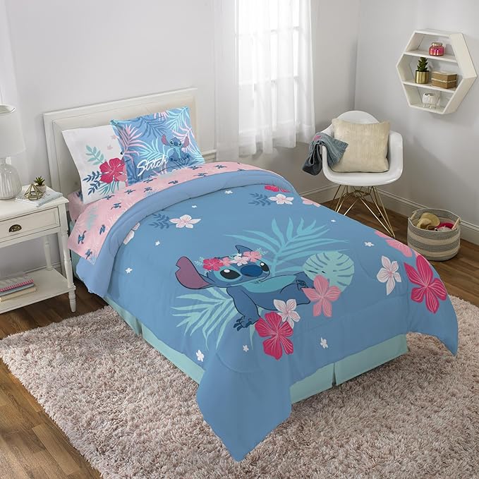 Jay Franco Disney Lilo & Stitch Twin Comforter Set, 5 Piece Bed in a Bag Includes Reversible Comforter & Sheet Set - Kids Bedding for Girls - Soft Fade Resistant Microfiber