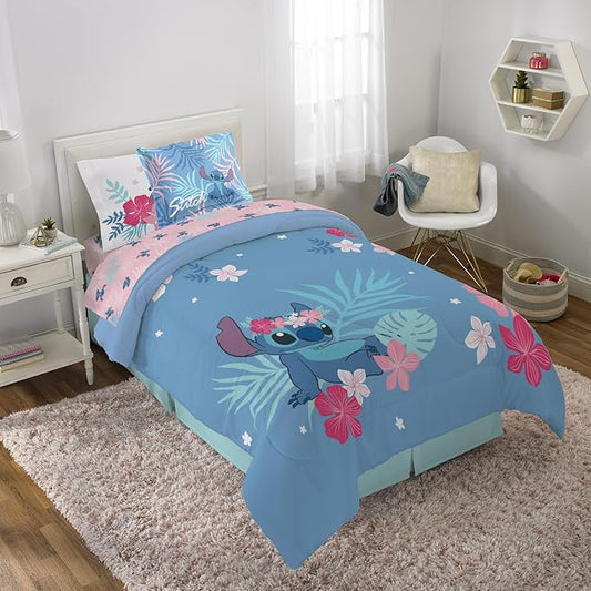 Jay Franco Disney Lilo & Stitch Twin Comforter Set, 5 Piece Bed in a Bag Includes Reversible Comforter & Sheet Set - Kids Bedding for Girls - Soft Fade Resistant Microfiber