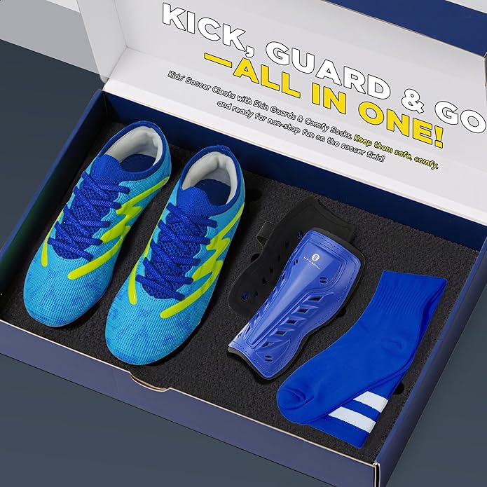 brooman Kids Firm Ground Soccer Cleats Boys Girls Football Shoes with Shin Guards and Soccer Socks