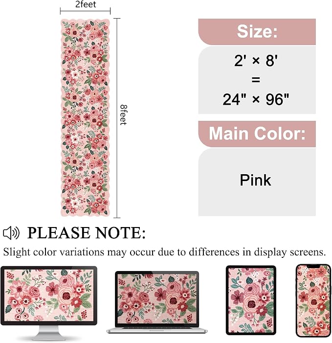 DUKINO 2x8 Washable Runner Rug, Floral Non Slip Kitchen Runner Rug, Pink | Low Pile, Soft Throw Rug Runner for Hallway, Entryway, Bedroom, Bathroom, Pet Friendly, Stain Resistant, Home Decor