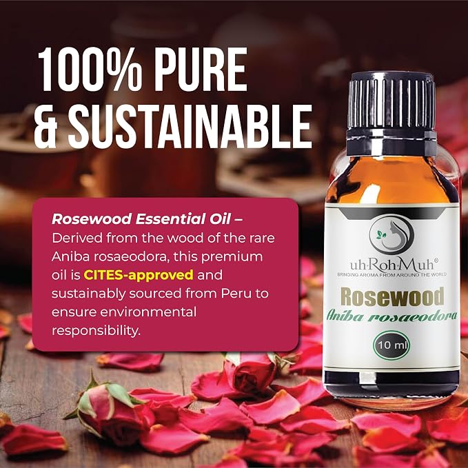 Rosewood Essential Oil (Bois de Rose) 100% Pure Steam Distilled Oil from Aniba rosaeodora Wood – Aromatherapy, Diffuser, Skincare, Massage, DIY Perfumes, Natural Fragrance | Peru | 10ml