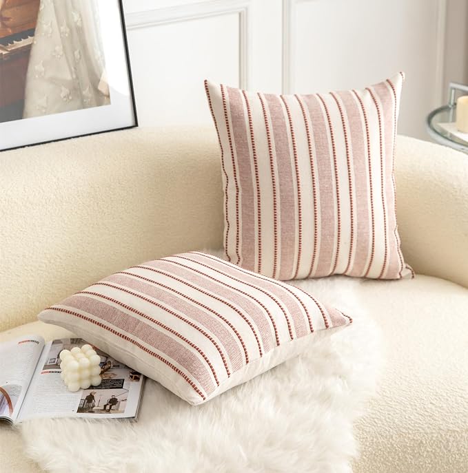 Cethom Decorative Boho Throw Pillow Covers, Farmhouse Textured Pillow Case, 18 x 18 Inch Set of 2, Chair Sofa Bedroom Living Room Home Decor Couch Cushion Case, Rust and Beige Striped