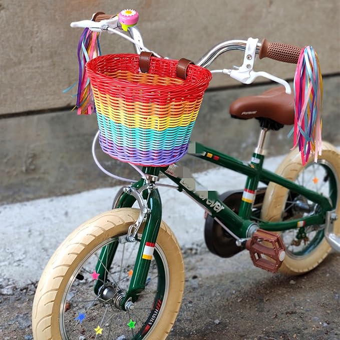 Kids Bike Basket, Wicker Handlebar Bicycle Basket for Girls With Unicorn Necklace, Bell, Streamers, Stickers Decoration Accessories Set