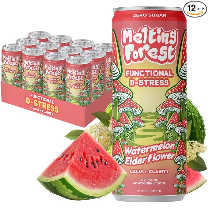 Melting Forest Functional D-Stress - Adaptogen Drink with L-Theanine, Reishi, Lion's Mane & Magnesium - Relaxation Drinks for Stress Relief - Zero Sugar, 5 Calories - Watermelon Elderflower (12-Pack)