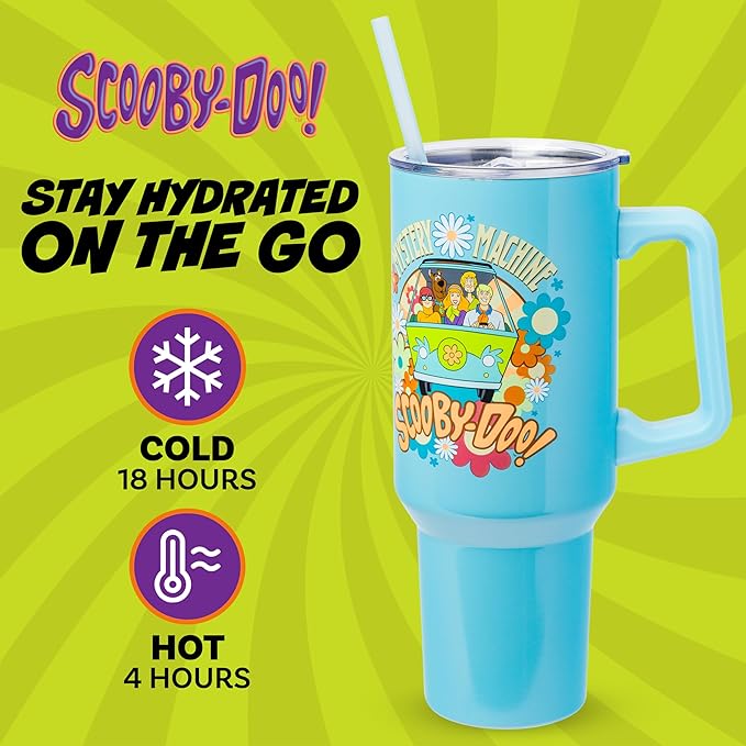Silver Buffalo Scooby Doo Mystery Machine Featuring Shaggy, Velma, Fred and Daphne Double Walled Stainless Steel Tumbler with Handle and Straw, Fits in Standard Cup Holder, 40 Ounces
