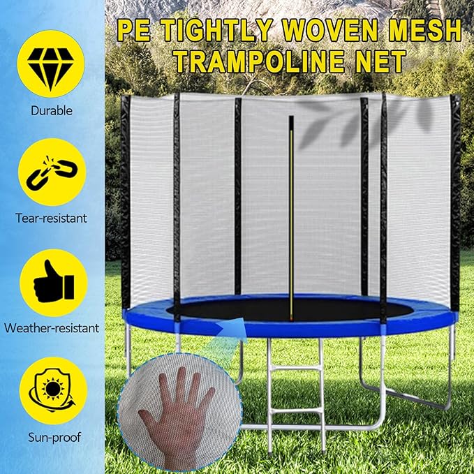10Ft/15Ft Trampoline Net Replacement Safety Enclosure Net for 6 Straight Poles, Slide-On Mounting PE Tightly Woven Mesh Netting Included Ropes (Not Include Trampoline Poles)