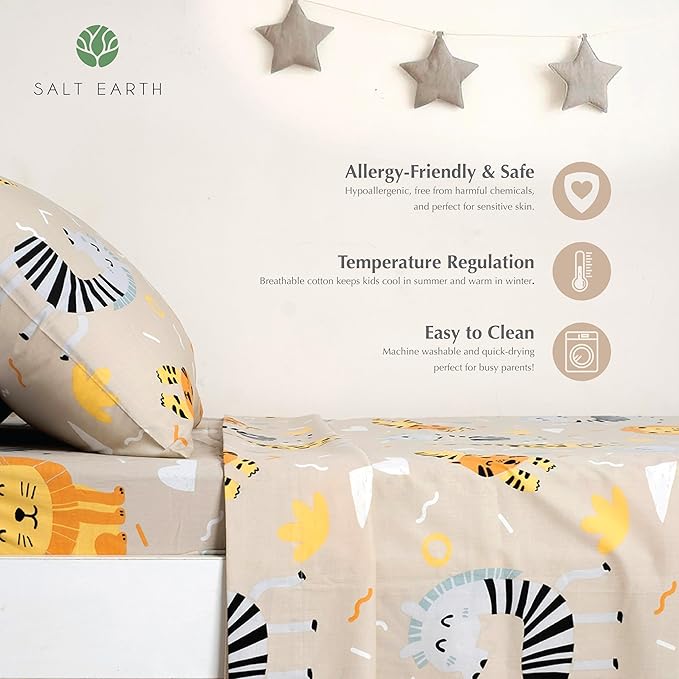 Salt Earth 100% Cotton 210TC Kids Bedsheet, Twin Fitted Sheet, Toddler Bed, 2 Piece Bedding Set- 1 Fitted Sheet and 1 Pillowcase, Themed Toddler Bed Sheets, Cute Sheets for Kids Bed (Summerland)