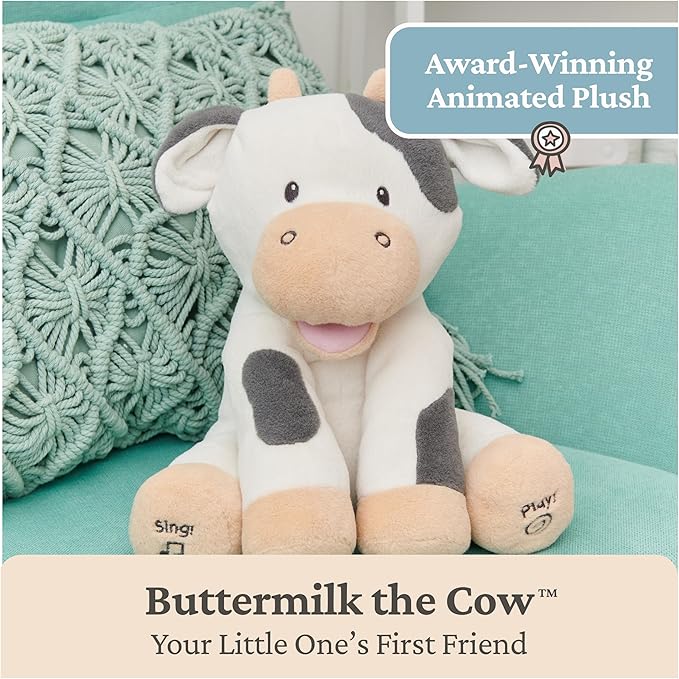 Baby GUND Buttermilk the Cow Animated Plush, Singing Stuffed Animal Sensory Toy, Sings Old MacDonald and Teaches Animal Sounds, Cream/Grey, 12”