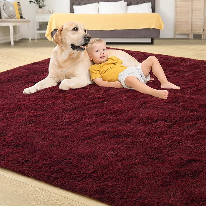Tepook Fluffy Burgundy Rugs for Living Room, 9x12 Dark Red Area Rug for Bedroom, Soft Shaggy Plush Floor Carpet for Kids Girls Boys Room, Indoor Non Slip and Washable Carpets for Nursery Home Decor