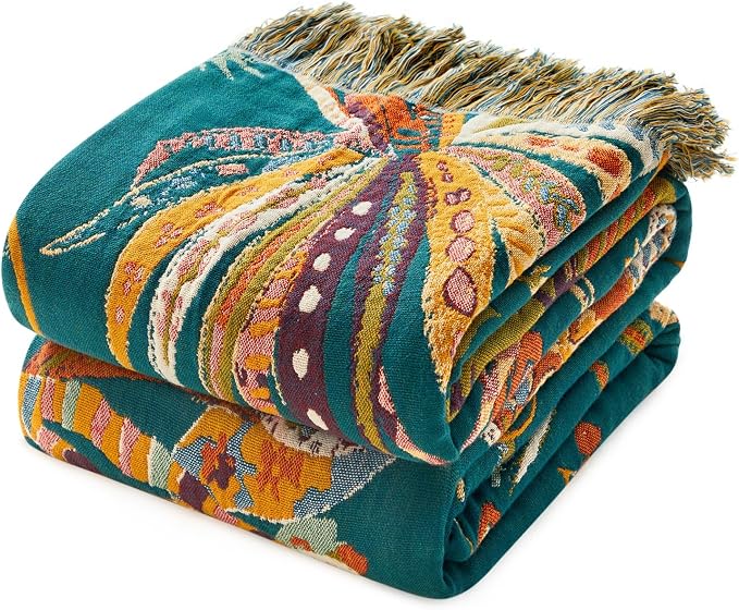 MSGKV Boho Throw Blanket 60"x80" 100% Cotton Floral Muslin Blanket for Sofa | 100% Cotton Muslin, Twin Size Throw Blanket, Floral Home Accent, Soft & Breathable, Lightweight Comfort, Machine Washable