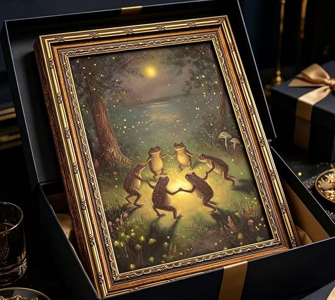 Vintage Gold Framed Frog Wall Art,Frogs Dancing in Moonlight Forest Painting Canvas Prints,Whimsical Animal Wall Decor,Retro Country Toad Poster Artwork for Corridor Living room Bedroom Kitchen