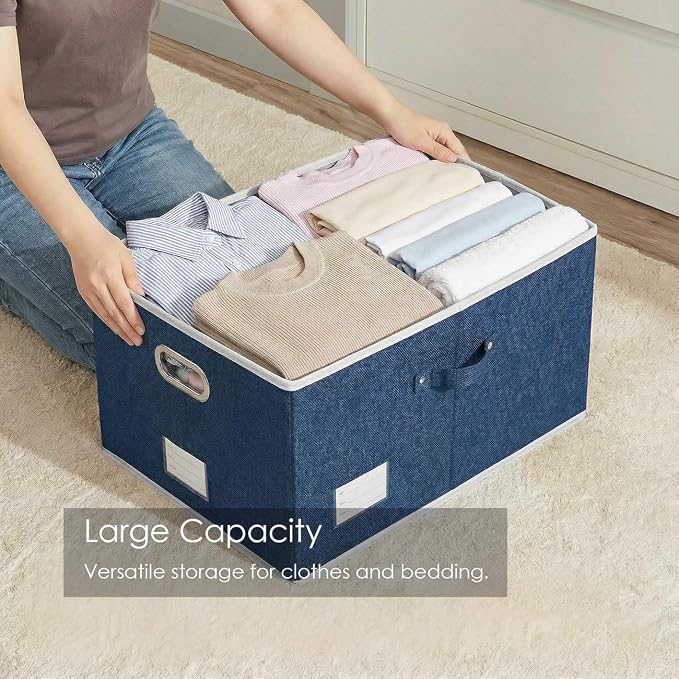 Storage Bins with Lids [3-Pack] Linen Fabric Foldable Storage Boxes Organizer Containers Baskets Cube with Cover for Bedroom Closet Office Royal Blue(23.4X15.9X11.4)