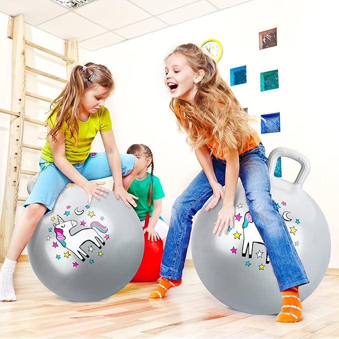 U&C Planet Hopper Ball 18 inches Bouncy Ball with Handle for Kids Age 3-6 Hoppity Hop Sit and Bounce Jumping Hopping with Pump and Gift Box Great Gift for Birthday Christmas, Silver