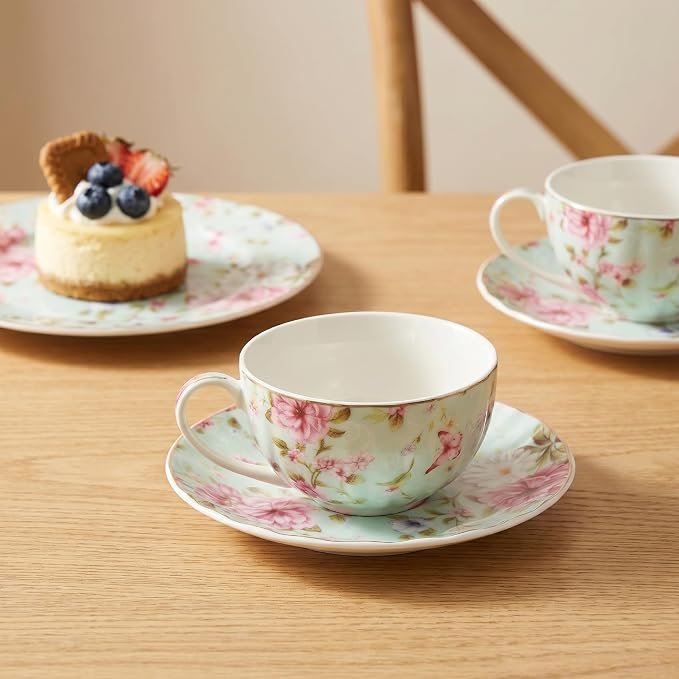 BTaT- Floral Tea Cups and Saucers, Set of 6, 7 oz, Fine Porcelain Teacup Set with Gold Trim for Afternoon Tea, Weddings, Parties & Gifting, Dishwasher Safe and Freezer Safe