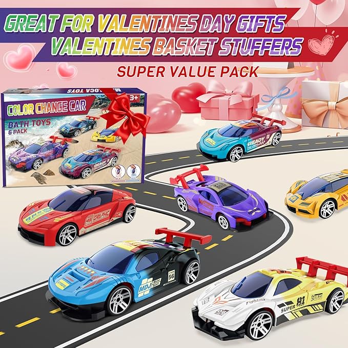 Color Changing Cars Toys Bath Toys for Kids Ages 1-3 4-8 Valentines Day Gifts for Kids Grandkids Pool Water Toys Boys Birthday Valentines Basket Stuffers Car Sensory Die-Cast Toys