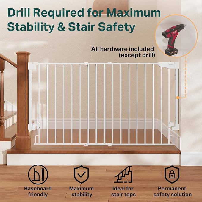 Cumbor 35.1-55" Wide No Bottom Bar Baby Gate for Stairs, 2-in-1 Auto Close Dog Gate Indoor, Hardware Mounted Pet Gate for Doorways with Large Walk Thru Door, Child-Proof Safety Gate for Kids (White)