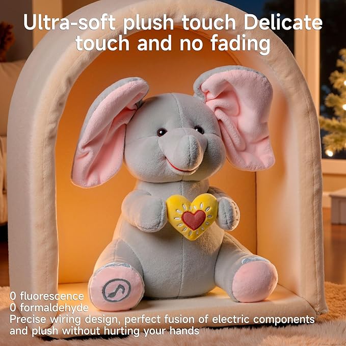 Peek a Boo Elephant Toy, Interactive Singing Plush Elephant Toy with Flapping Ears and Hearts, Musical Stuffed Animal for Babies and Toddlers