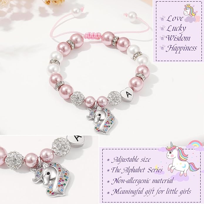 C-leen Unicorn Bracelet Gifts for Teens, Adjustable Pink Pearl and Rhinestone Balls Heart Initial Unicorn Bracelets Jewelry Gift for Birthday Christmas gifts