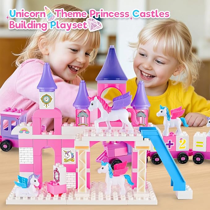 Classic Building Blocks for Toddlers - Compatible with Major Brands, Unicorn Theme Princess Castle & Number Trains Classic Bricks, Creative Educational Buildable Kits for Girls Boys Ages 3, 4, 5, 6-12