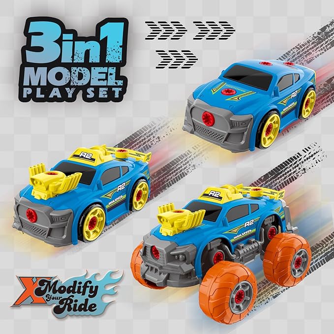 Pup Go 3-in-1 Construction Car for Boys Ages 3+ Years Old, Take Apart Car with Electric Drill, 46 Pcs Cars Building Kit, Build Your Own Toy Cars with Tools, Ideal STEM Present for Kids Children(Blue)