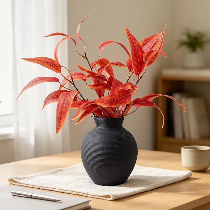 Ceramic Flower Vase Home Decor, 6 in Farmhouse Table Black Vases Rustic Vintage Living Room Kitchen Bedroom Decorations Pottery Decorative Vase for House Book Shelf Office Coffee Desk Dining Fireplace