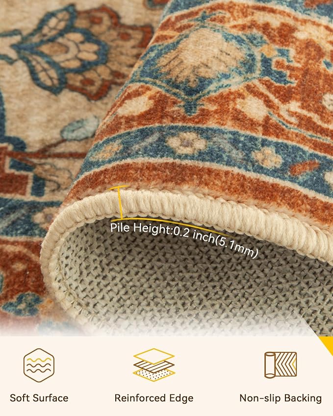 RELEANY Area Rugs 3'x4' Washable Non-Slip, Floral Vintage Distress Medallion Carpet for Living Room Bedroom Dining Room, Red Orange Blue Brown