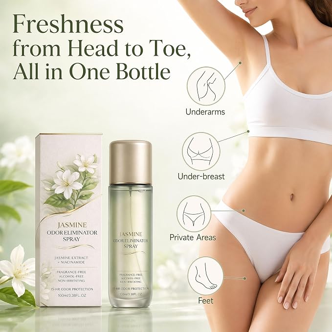 Jasmine Scent Spray & Body Mist, Long-Lasting Whole Body Deodorant for Women & Men, Alcohol-Free Clean Fragrance Deodorant Spray For Everyday Wear, 15 HR Odor Protection, 3.4 Fl Oz