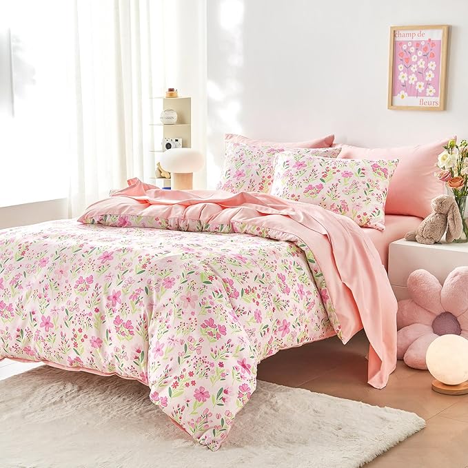 Wake In Cloud - Floral Bedding Set for Girls, Cute Colorful Botanical Flowers Patterned Soft Lightweight Comforter Set with Sheets, 7 Pieces Kids Bed in a Bag, Light Pink, Full Size