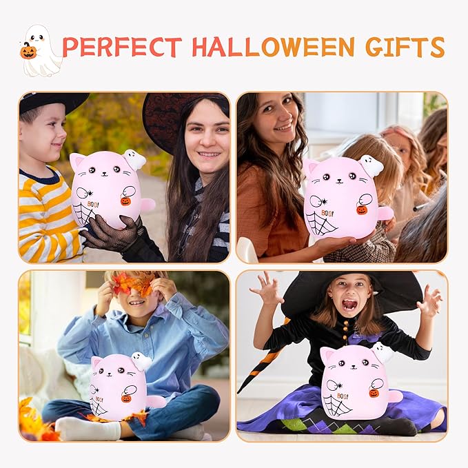 Halloween Spooky Plush Cat Toy – Pink Cat Stuffed Animal Ghost Theme Halloween Party Favors Spider Toy Festive Stuffed Animal Soft Haunted Home Decor 10 Inch