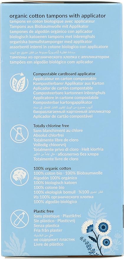 Natracare Organic Cotton Super Tampons with Cardboard Applicator, Plastic Free, Chlorine Free, Biodegradable & Compostable (16 Pack, 192 Tampons Total)