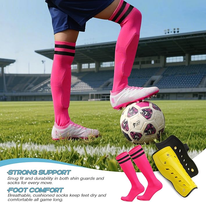 brooman Kids Firm Ground Soccer Cleats Boys Girls Football Shoes with Shin Guards and Soccer Socks