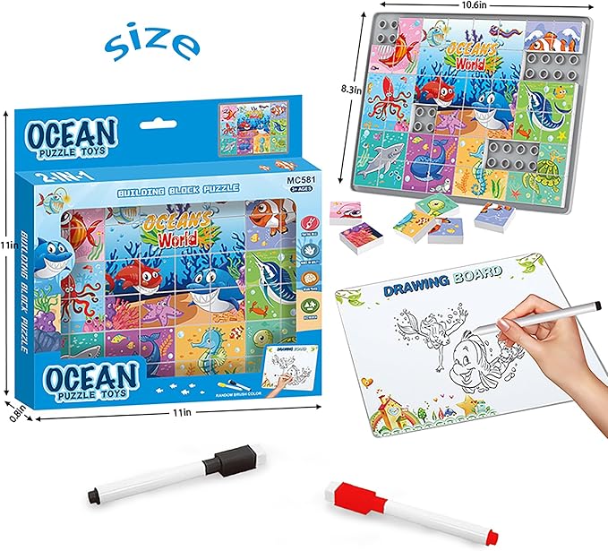Anzikfoy 48 Piece Toy Building Jigsaw Puzzle Sets, 2 in 1 Ocean Theme Boys Girls Puzzles Building Block with Reusable Drawing Board Set for Toddlers Ages 1-3 and Kids 3+ Year Old