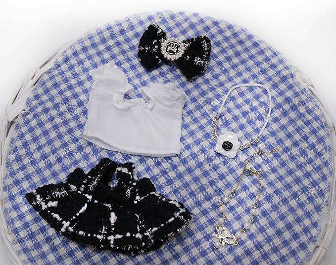 17cm Doll Clothes Set and Accessories Suit,(NO Doll) 5-Piece Set, Clothes for labubu, Festival Gift, Includes Dress, White Clothes，Matching Hair Bow, Necklace, Bags(Black)