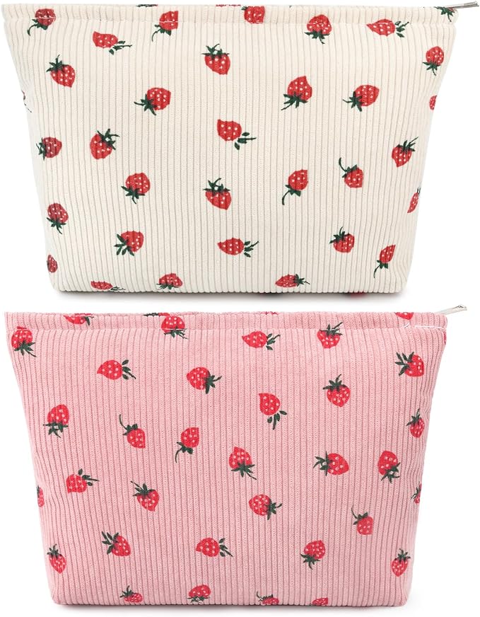 SOIDRAM 2 Pcs Cute Makeup Bag Large Cosmetic Bag Toiletry Bag Makeup Pouch Travel Bag Organizer Cute Makeup Brushes Aesthetic Accessories Storage Bag for Women Strawberry Pink Beige