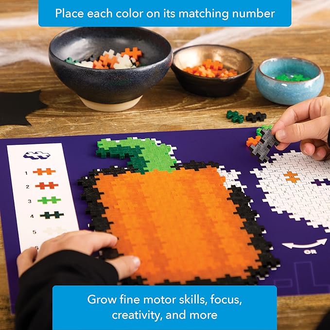 PLUS PLUS Puzzle by Number, 250 Piece Mini Interlocking Hashtag Color Blocks, 3D Pixel Art Kit for Kids - Jack-o'-Lantern