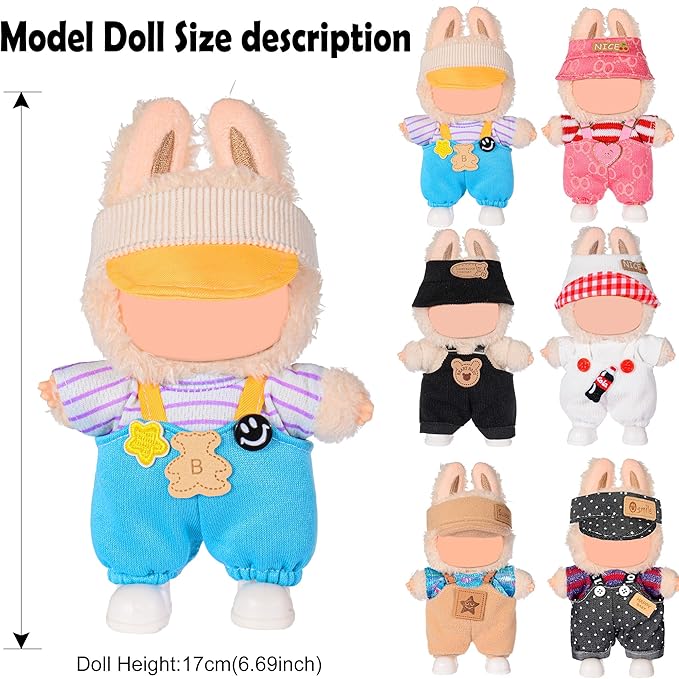 6 Set Doll Clothes for 17cm Plush Dolls- Fashion Overalls Outfit Bundle Trendy & Adorable (Clothes Only)