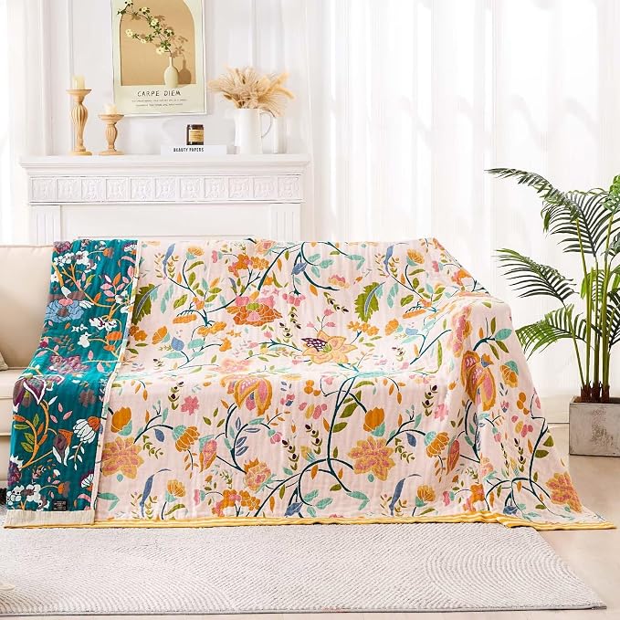 XIBLC Boho Throw Blanket for Bed, 100% Cotton Soft Rustic Quilt Fall Blanket, 50"x60" Yellow Floral Printed Farmhouse Decor Bed Blankets, All Season Rustic Reversible Bohemian Throw Quilt