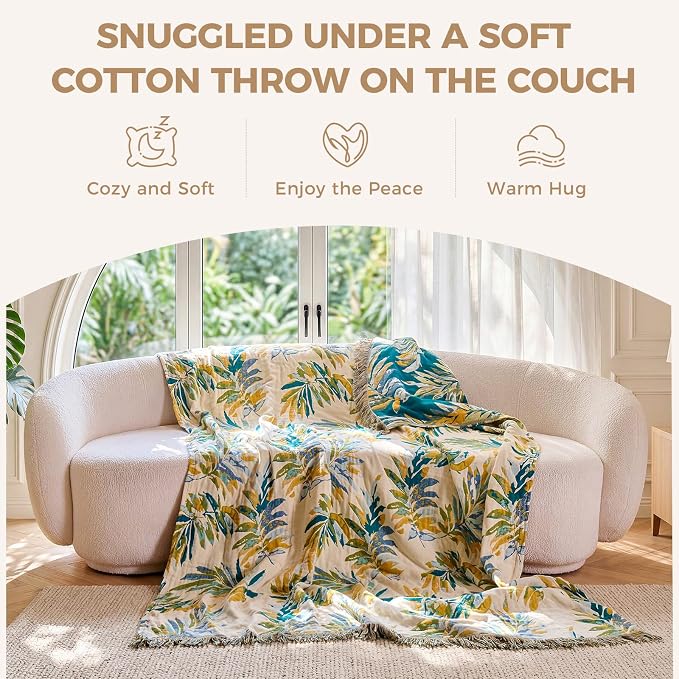 LUTBM Boho Throw Blanket for Bed 60"x80", All Season Cotton Couch Blankets | Reversible Leaves Jacquard, All-Season Twin Lightweight Breathable Quilt, For Chair Sofa Bedroom Living Room, Home Decor