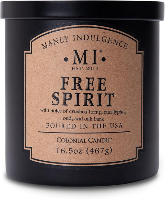 Manly Indulgence Free Spirit Scented Candles for Men, 16.5 oz Single Wick, Premium Soy Blend Wax, 60H Burn, Candles for Home Scented – Made in The USA
