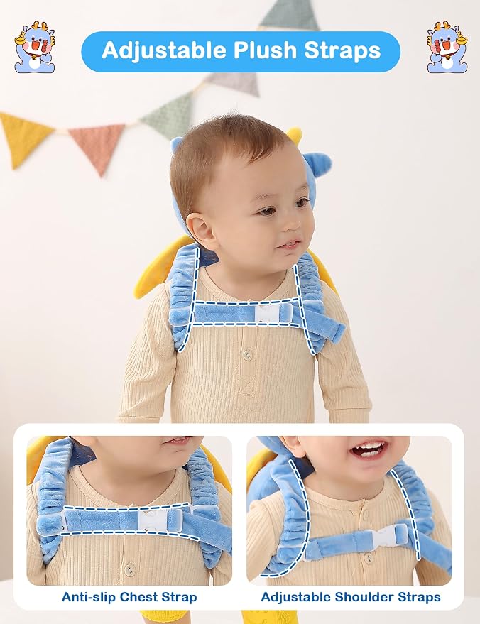 JunNeng Baby Head Protector Backpack, Toddler Walking Fall Head Protection, Blue Dinosaur