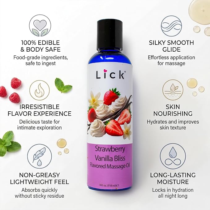 Lick Strawberry Vanilla Bliss Flavored Massage Oil – Sweet Tropical Edible Massage Oil with Vitamin E, Smooth Body-Safe Glide for Couples Massage & Sensory Date Nights, 4 oz